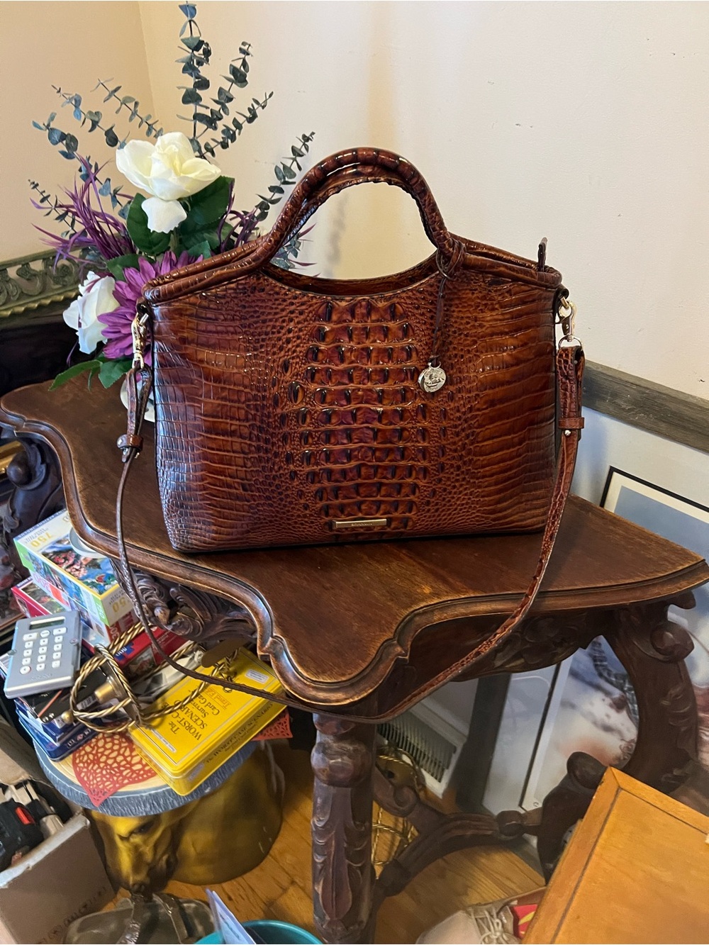 Brown Croc-Embossed Leather Satchel Bag